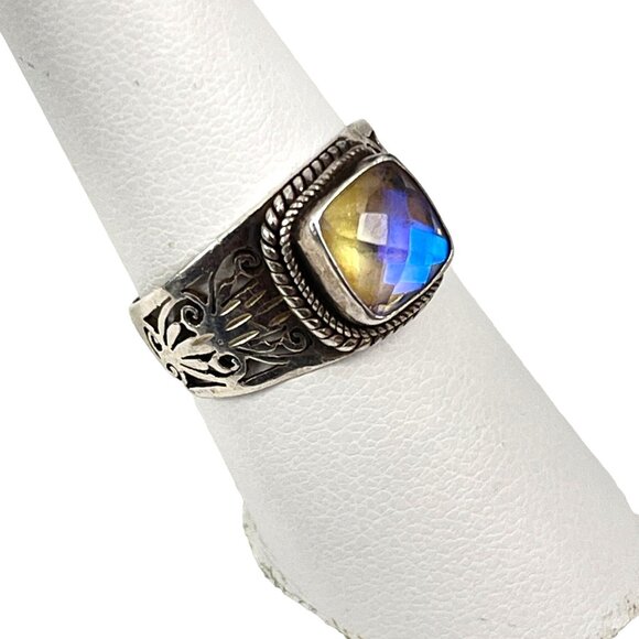 Natural Rainbow Moonstone Sterling Faceted Bezel Set Handmade Ring Size 8 - Picture 4 of 8